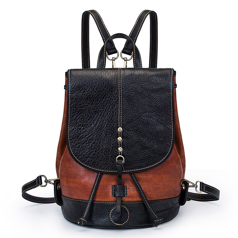 Retro high capacity college leather backpack in brown and black with stylish zipper and strap details.