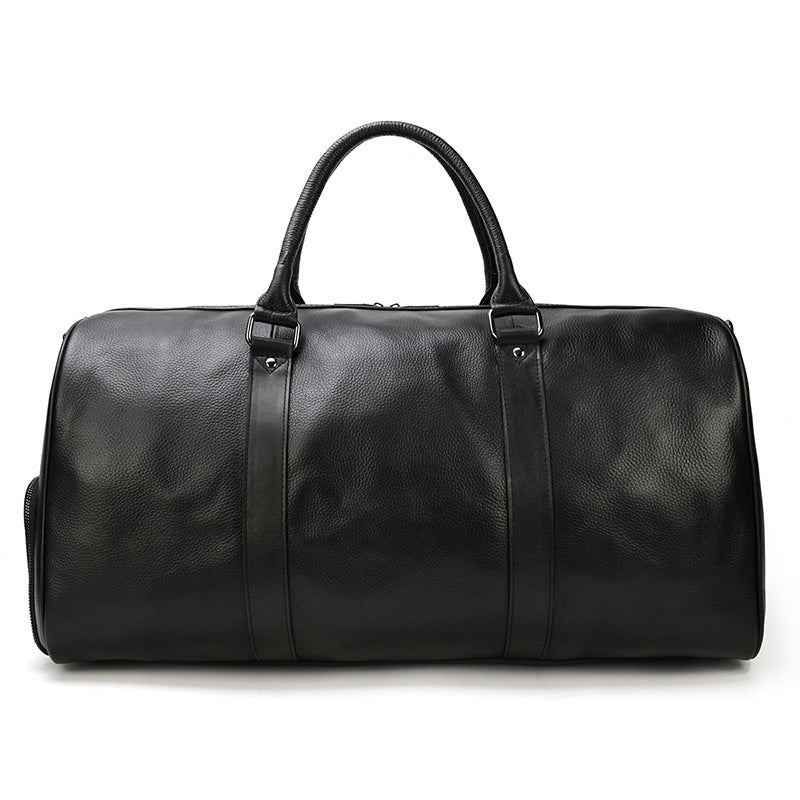 Large black leather business travel bag with handheld straps from Bags, Shoes & More, a store offering a range of high-quality leather accessories designed for style and functionality.