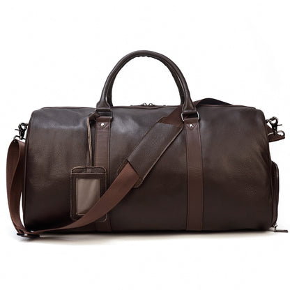 Large Capacity Brown Leather Business Travel Bag with Shoulder Strap