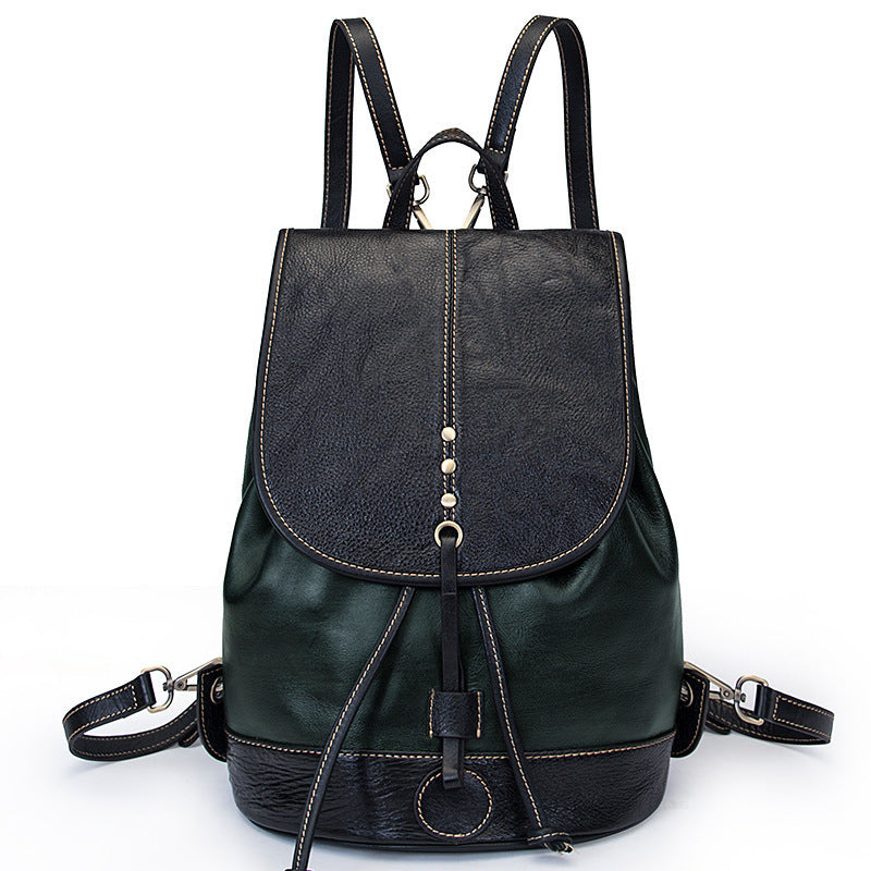 Retro High Capacity Leather Backpack with Drawstring Closure, Versatile Black and Green Design for College and Everyday Use