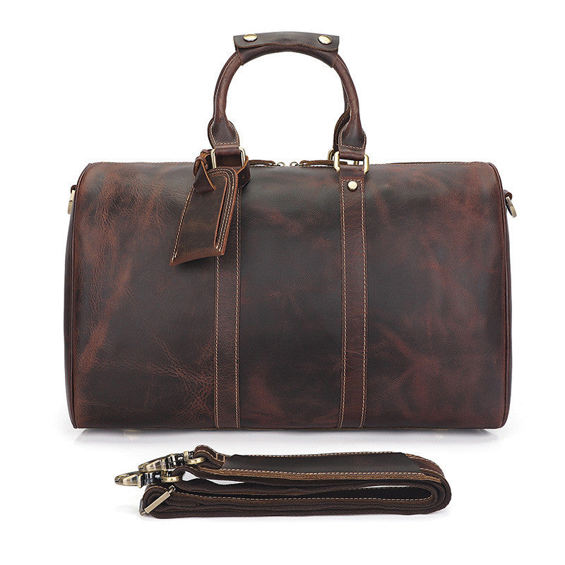 Vintage Distressed Brown Men's Leather Travel Luggage Bag with Strap