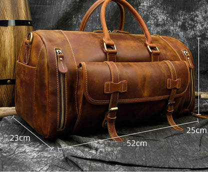 Stylish vintage-inspired brown leather men's travel bag with multiple zippers and buckles, showcasing a retro sophisticated design.