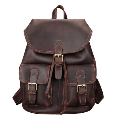 Stylish and versatile men's leather travel backpack from Bags, Shoes & More. Features a spacious main compartment, dual front pockets, and adjustable straps for comfortable carry.