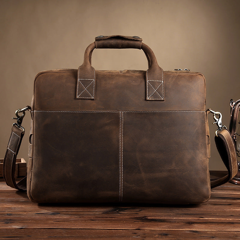 Vintage Crazy Horse Leather Men's Shoulder Bag on Wooden Table