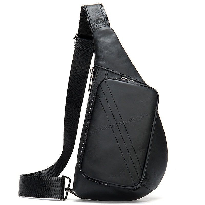 Sleek Black Leather Chest Bag with Adjustable Strap