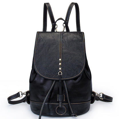 Stylish black leather backpack with adjustable shoulder straps, zipper closure, and metal hardware accents. Practical and versatile design suitable for college or everyday use.