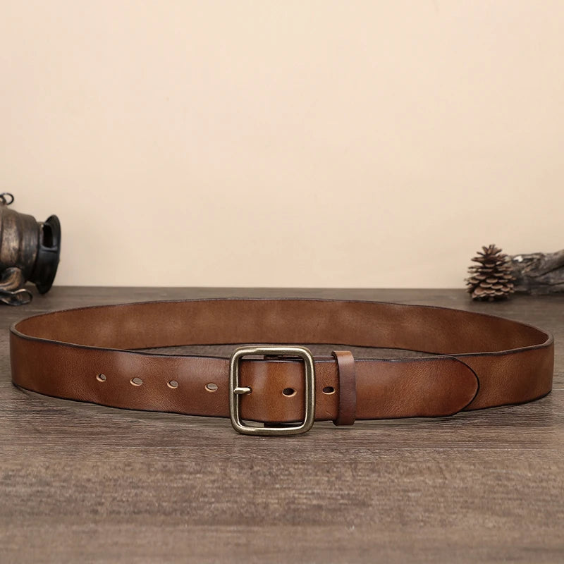 Vintage Leather Belt with Copper Buckle, Cowhide Retro Style - Health Rise Base