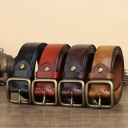 Vintage Leather Belt with Copper Buckle, Cowhide Retro Style - Health Rise Base