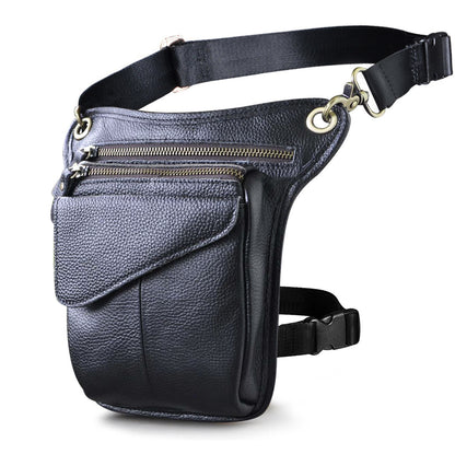 Stylish black leather waist bag with multiple zipped pockets, designed for versatile use as a casual or formal accessory.