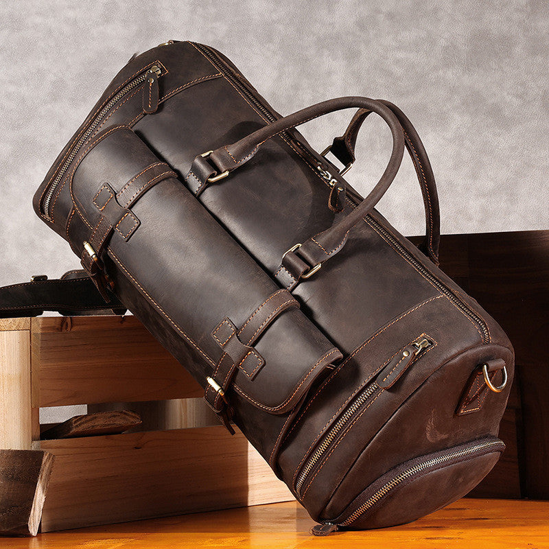 Large Capacity Crazy Horse Leather Travel Bag on Wooden Surface