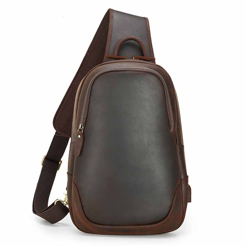 Vintage Casual Leather Men's Chest Bag, Brown Leather Finish with Zipper Compartments, Functional Sling Design for Everyday Use